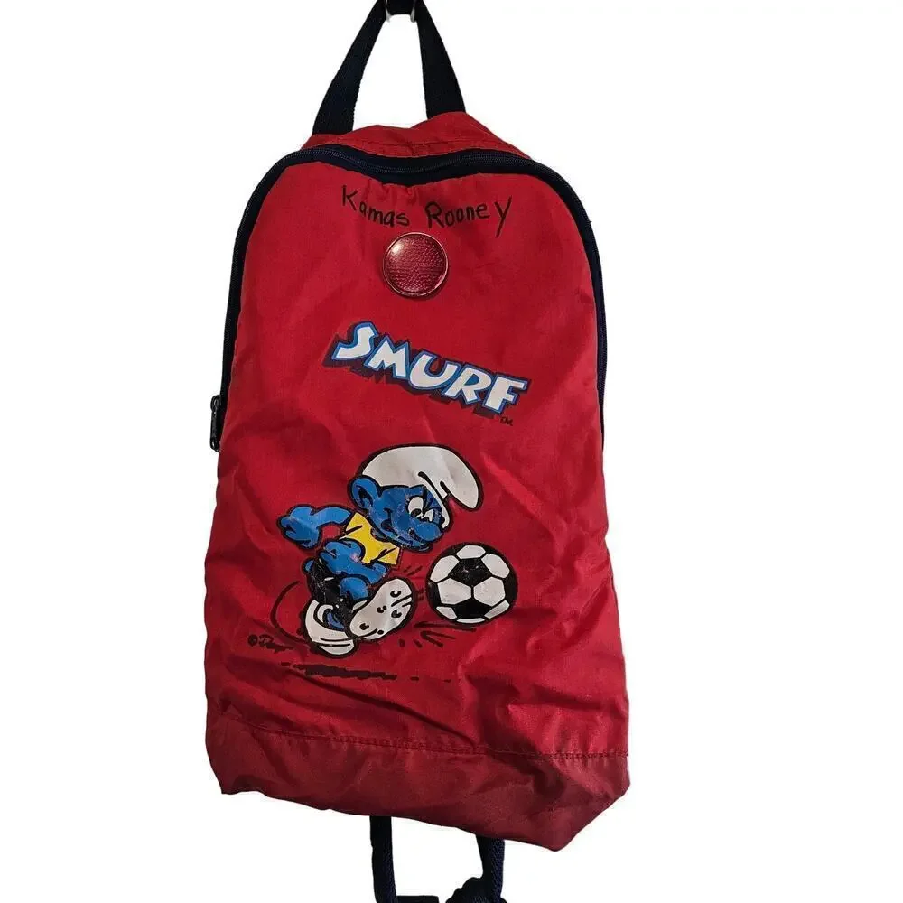 Vintage Smurfs Backpack 1980 Red Soccer Reflector Collectible Retro Cartoon 19